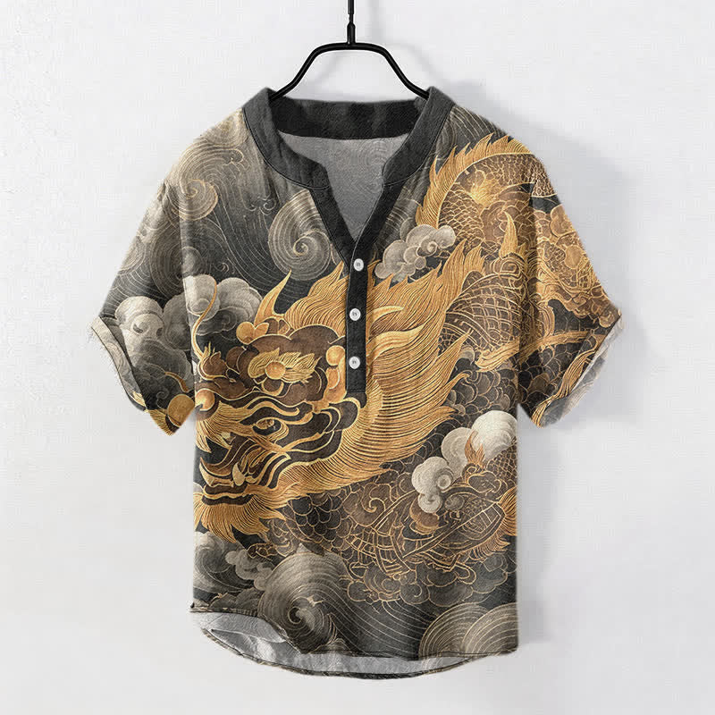 Buddha Stones Camisa de manga corta con medio botón y estampado de dragón dorado de algodón para hombre - Gris oscuro - US/UK/AU50, EU60 (5XL) - image 0