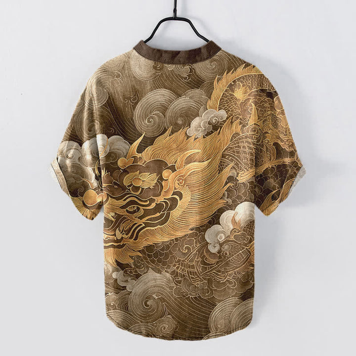Buddha Stones Camisa de manga corta con medio botón y estampado de dragón dorado de algodón para hombre - image 6