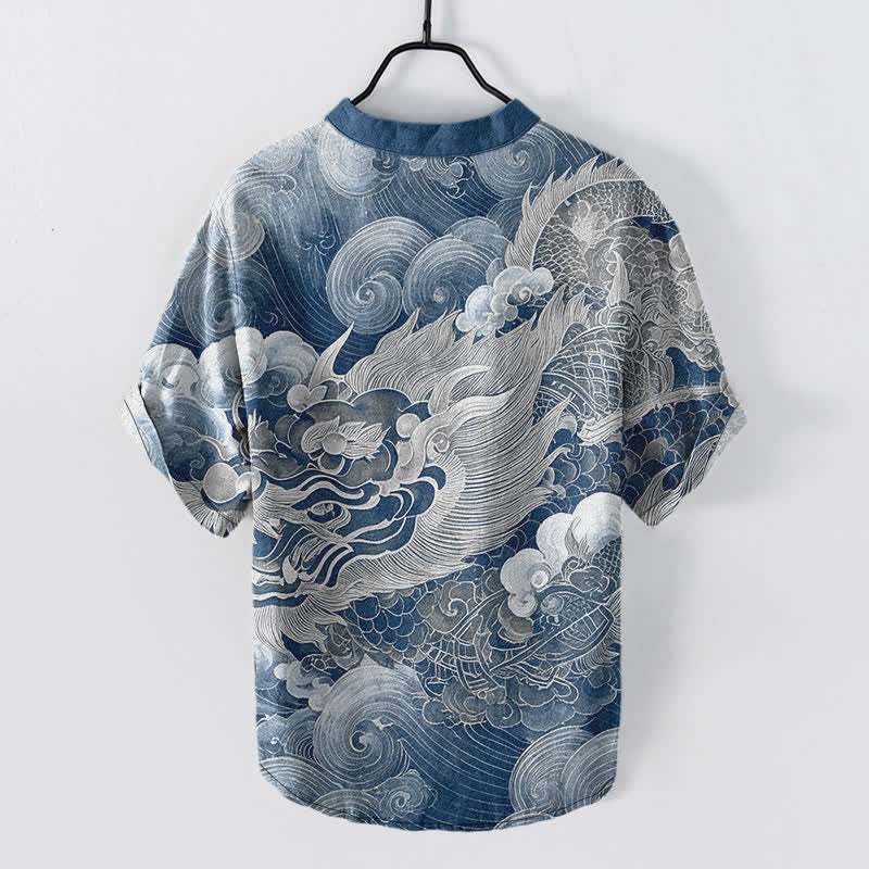 Buddha Stones Camisa de manga corta con medio botón y estampado de dragón dorado de algodón para hombre - image 8