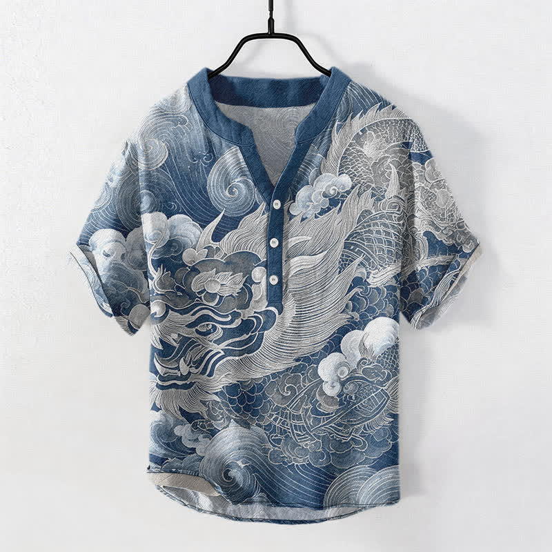 Buddha Stones Camisa de manga corta con medio botón y estampado de dragón dorado de algodón para hombre - Azul acero - US/UK/AU50, EU60 (5XL) - image 7