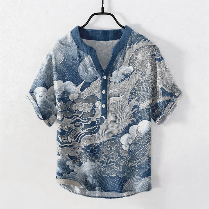 Buddha Stones Camisa de manga corta con medio botón y estampado de dragón dorado de algodón para hombre - image 8