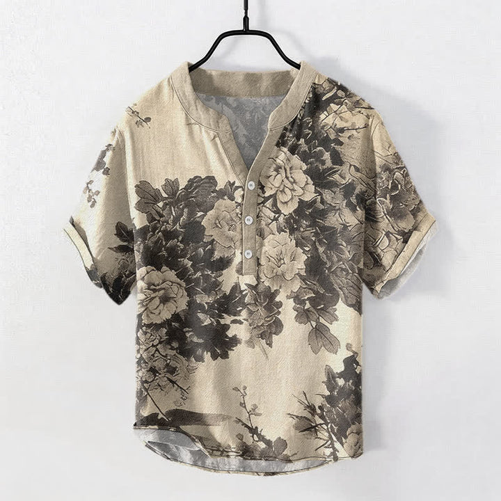 Buddha Stones Camisa de manga corta con medio botón y estampado floral de Cotton Ink para hombre - image 1