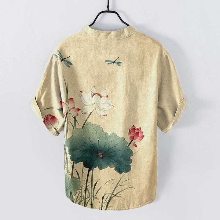 Buddha Stones Camisa de manga corta con medio botón para hombre, de algodón, con estampado de libélulas y loto. - image 1