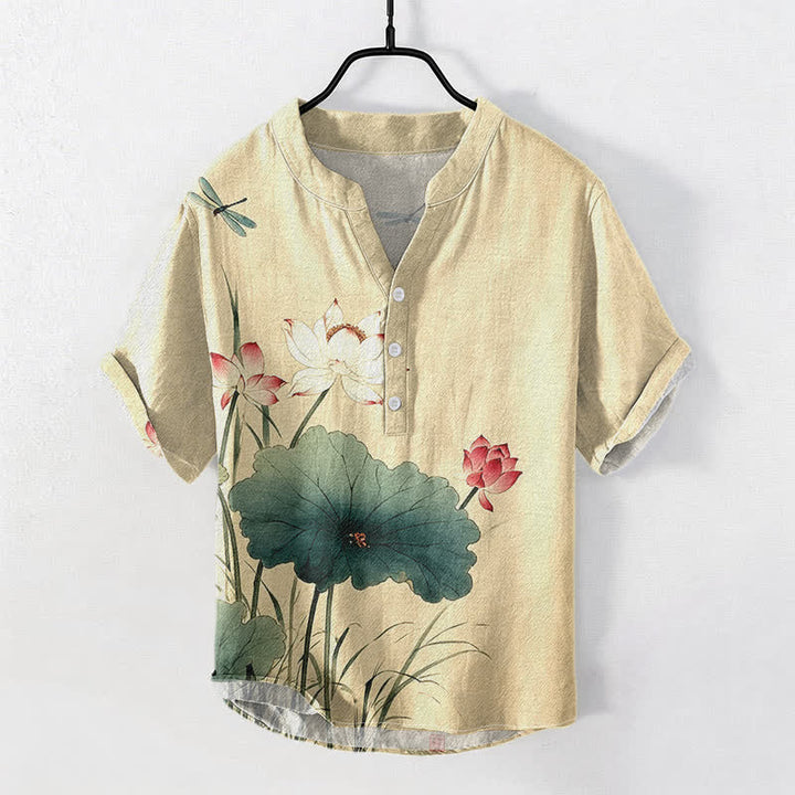 Buddha Stones Camisa de manga corta con medio botón para hombre, de algodón, con estampado de libélulas y loto. - Lino - US/UK/AU50, EU60 (5XL) - image 0