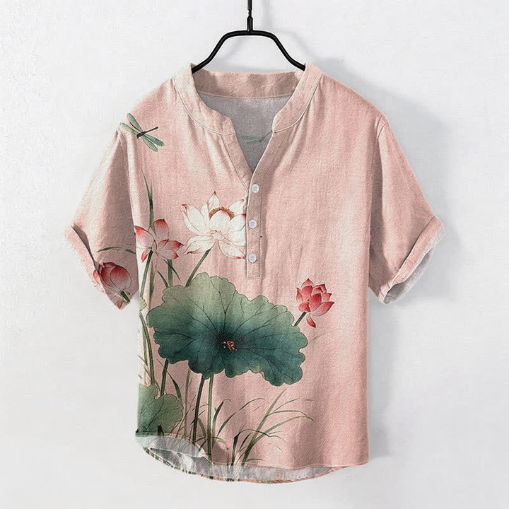 Buddha Stones Camisa de manga corta con medio botón para hombre, de algodón, con estampado de libélulas y loto. - rosa claro - US/UK/AU50, EU60 (5XL) - image 3