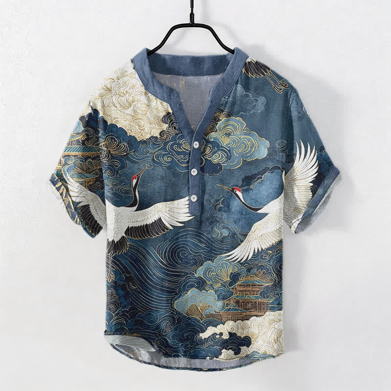 Buddha Stones Camisa de manga corta con medio botón para hombre, de algodón, con estampado de grullas y nubes. - Azul acero - US/UK/AU50, EU60 (5XL) - image 5