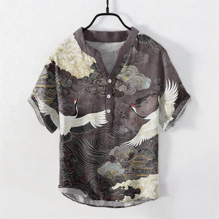 Buddha Stones Camisa de manga corta con medio botón para hombre, de algodón, con estampado de grullas y nubes. - Gris pizarra - US/UK/AU50, EU60 (5XL) - image 7