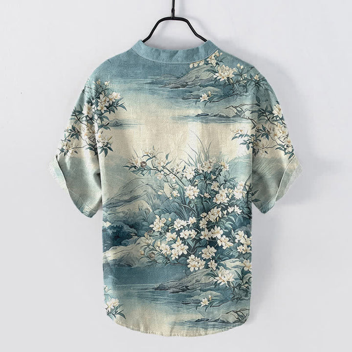 Buddha Stones Camisa de manga corta con medio botón y estampado floral de algodón para hombre. - image 1
