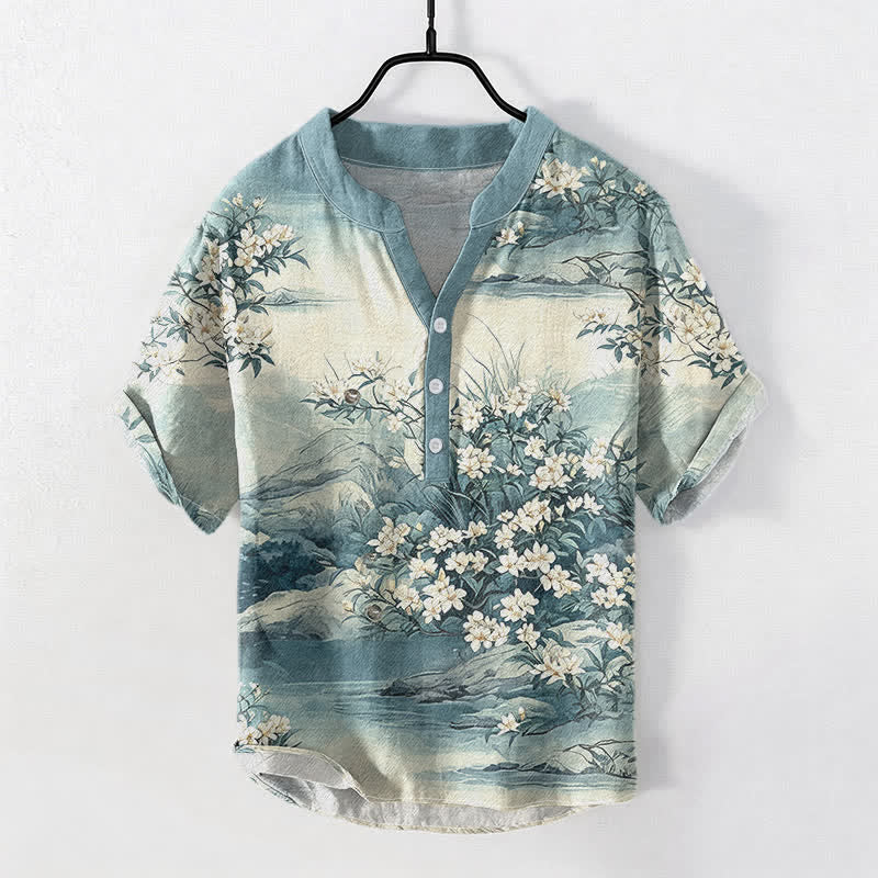 Buddha Stones Camisa de manga corta con medio botón y estampado floral de algodón para hombre. - Turquesa oscuro - US/UK/AU50, EU60 (5XL) - image 0