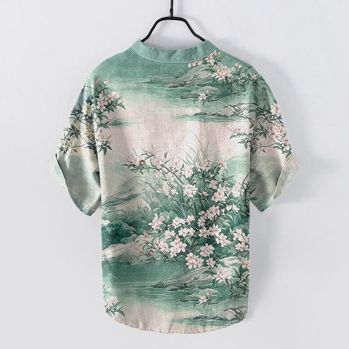 Buddha Stones Camisa de manga corta con medio botón y estampado floral de algodón para hombre. - image 4
