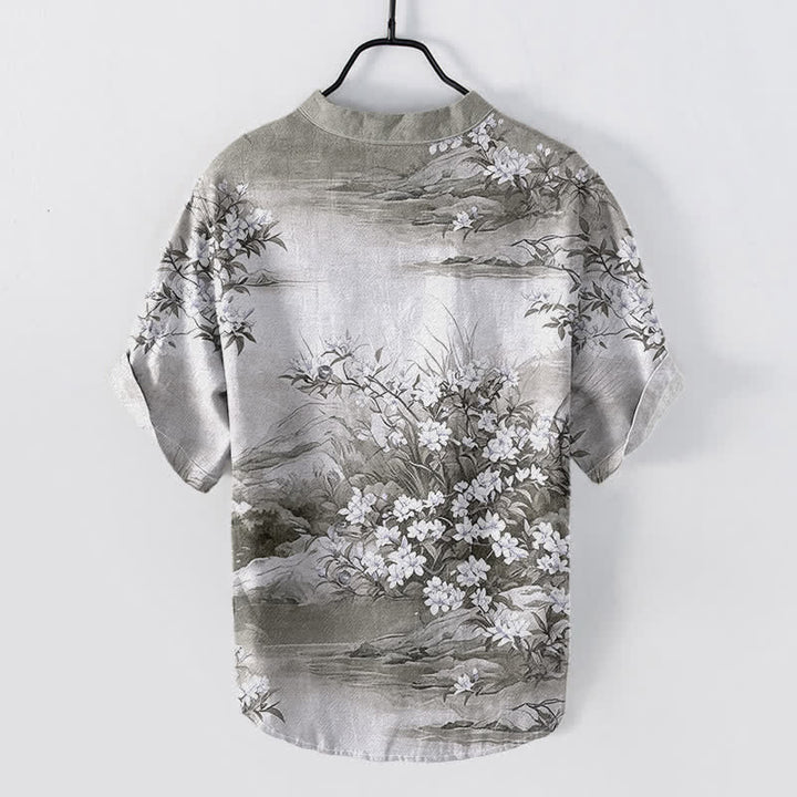 Buddha Stones Camisa de manga corta con medio botón y estampado floral de algodón para hombre. - image 6