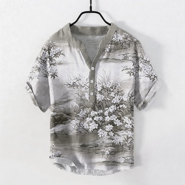 Buddha Stones Camisa de manga corta con medio botón y estampado floral de algodón para hombre. - Gris claro - US/UK/AU50, EU60 (5XL) - image 5