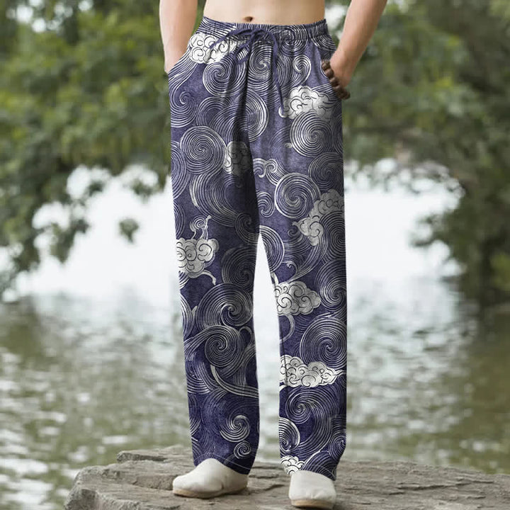 Buddha Stones Pantalones de hombre de algodón con estampado de nubes y ondas, corte cónico y bolsillos. - Marina de guerra - US/UK/AU50, EU60 (5XL) - image 0