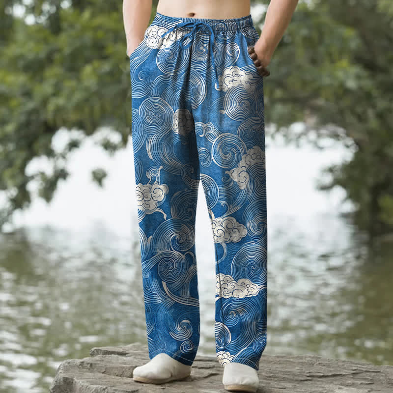 Buddha Stones Pantalones de hombre de algodón con estampado de nubes y ondas, corte cónico y bolsillos. - DodgerBlue - US/UK/AU50, EU60 (5XL) - image 4