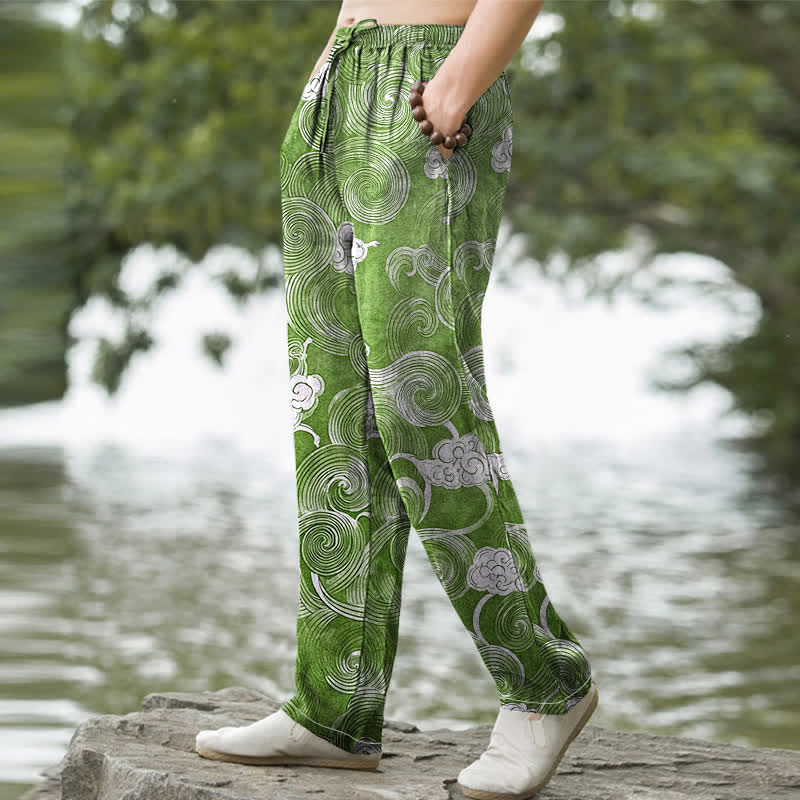 Buddha Stones Pantalones de hombre de algodón con estampado de nubes y ondas, corte cónico y bolsillos. - image 9