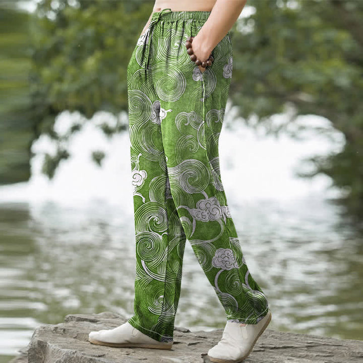 Buddha Stones Pantalones de hombre de algodón con estampado de nubes y ondas, corte cónico y bolsillos. - image 9