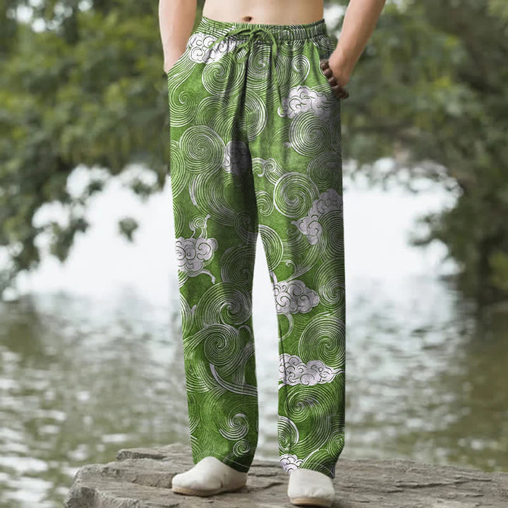 Buddha Stones Pantalones de hombre de algodón con estampado de nubes y ondas, corte cónico y bolsillos. - Verde bosque - US/UK/AU50, EU60 (5XL) - image 8