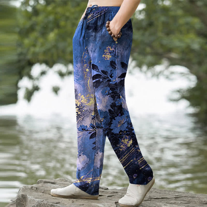 Buddha Stones Pantalones de hombre de algodón con estampado floral de estrellas, corte ajustado y bolsillos. - image 1