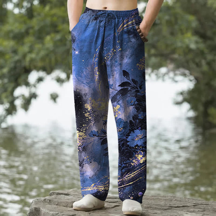 Buddha Stones Pantalones de hombre de algodón con estampado floral de estrellas, corte ajustado y bolsillos. - Azul real - US/UK/AU50, EU60 (5XL) - image 0