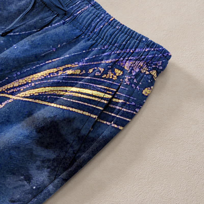 Buddha Stones Pantalones de hombre de algodón con estampado floral de estrellas, corte ajustado y bolsillos. - image 3
