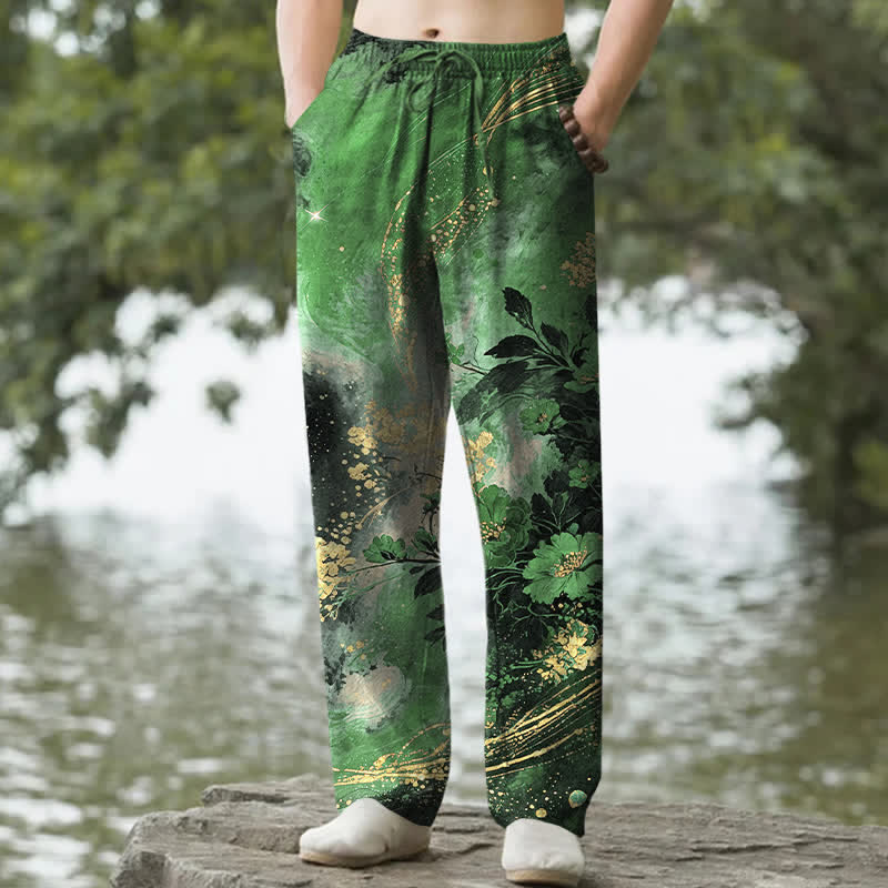 Buddha Stones Pantalones de hombre de algodón con estampado floral de estrellas, corte ajustado y bolsillos. - Verde bosque - US/UK/AU50, EU60 (5XL) - image 4