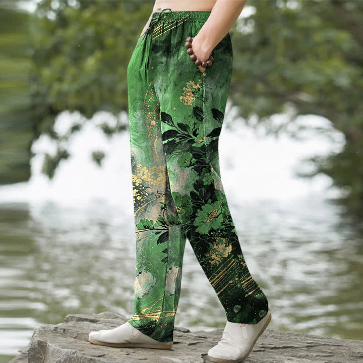 Buddha Stones Pantalones de hombre de algodón con estampado floral de estrellas, corte ajustado y bolsillos. - image 5
