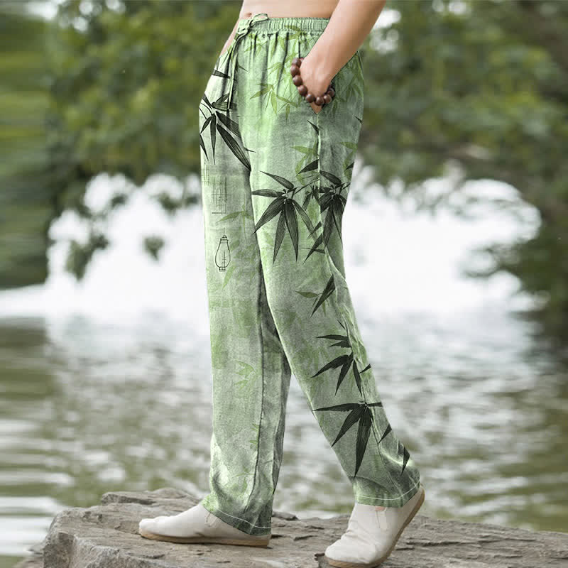 Buddha Stones Pantalones de hombre de algodón con estampado de hojas de bambú y corte ajustado, con bolsillos. - image 1
