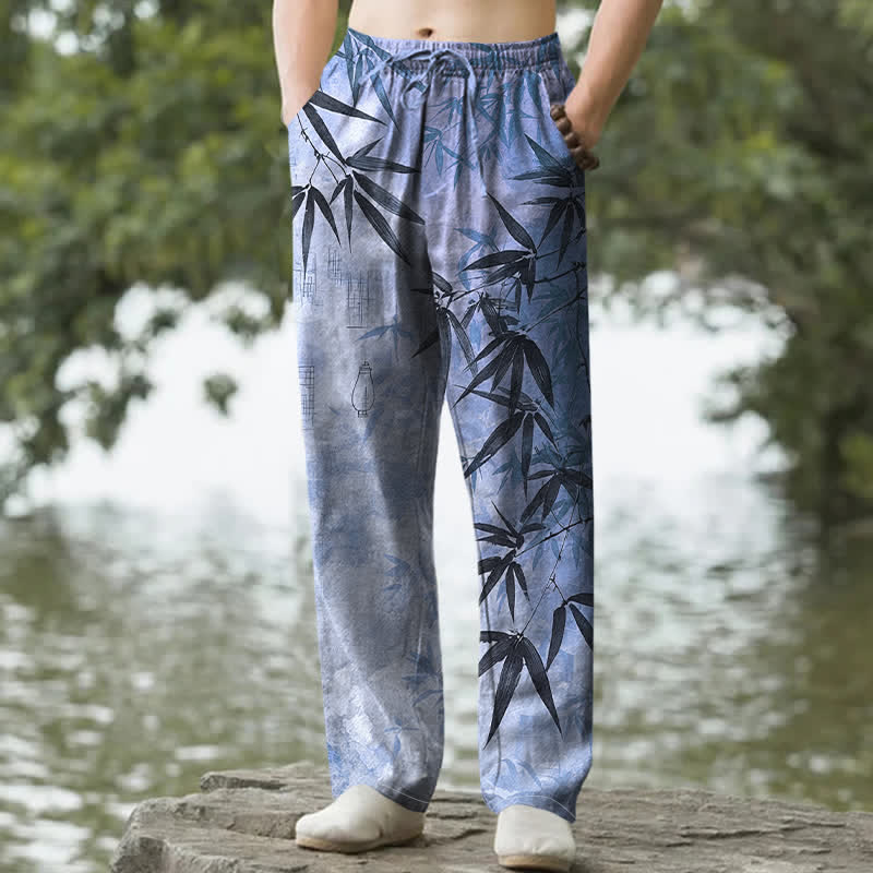Buddha Stones Pantalones de hombre de algodón con estampado de hojas de bambú y corte ajustado, con bolsillos. - Azul claro - US/UK/AU50, EU60 (5XL) - image 8