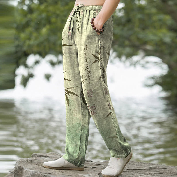 Buddha Stones Pantalones de hombre de algodón con estampado de hojas de bambú y corte ajustado, con bolsillos. - image 5