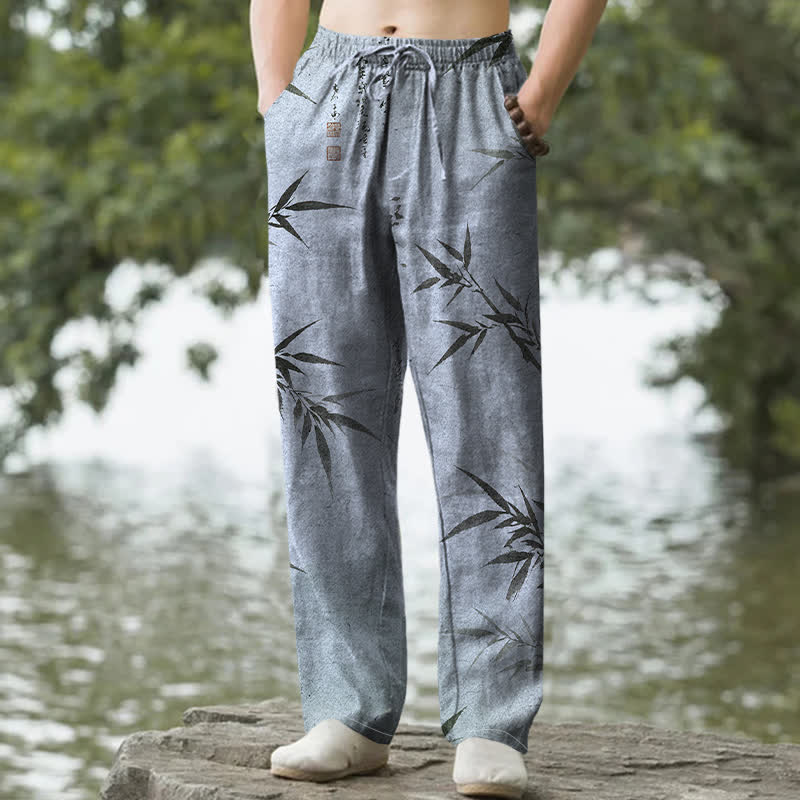 Buddha Stones Pantalones de hombre de algodón con estampado de hojas de bambú y corte ajustado, con bolsillos. - Azul claro - US/UK/AU50, EU60 (5XL) - image 8