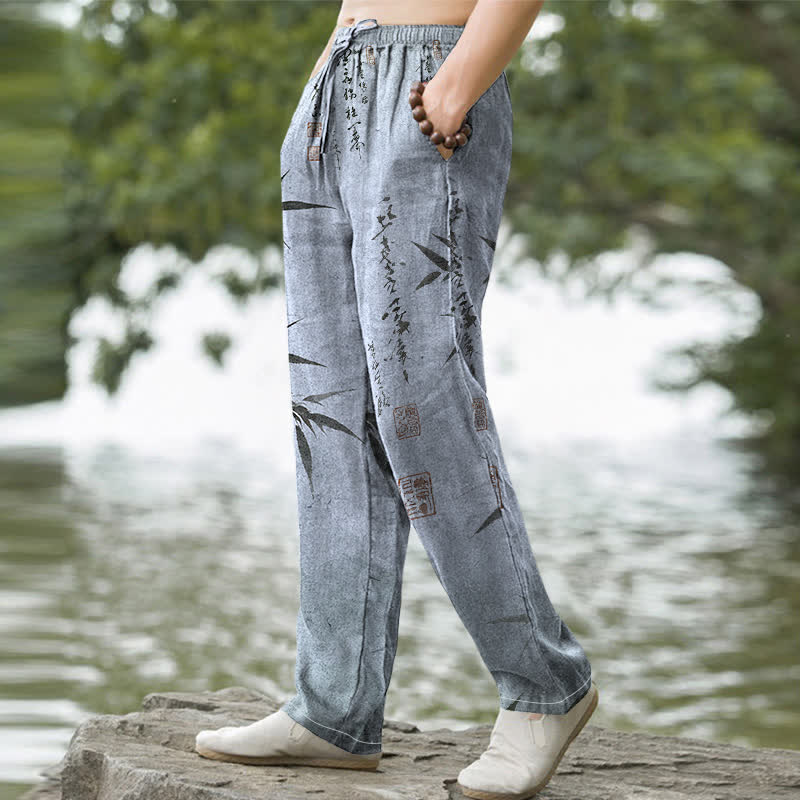 Buddha Stones Pantalones de hombre de algodón con estampado de hojas de bambú y corte ajustado, con bolsillos. - image 9