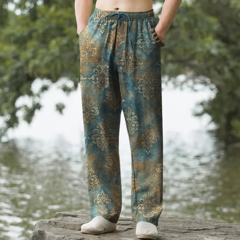 Buddha Stones Pantalones de hombre de algodón con estampado barroco vintage, corte ajustado y bolsillos. - Verde azulado - US/UK/AU50, EU60 (5XL) - image 0