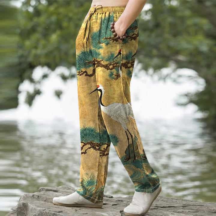 Buddha Stones Pantalones de hombre de algodón con estampado de grullas y pinos, corte cónico y bolsillos. - image 1