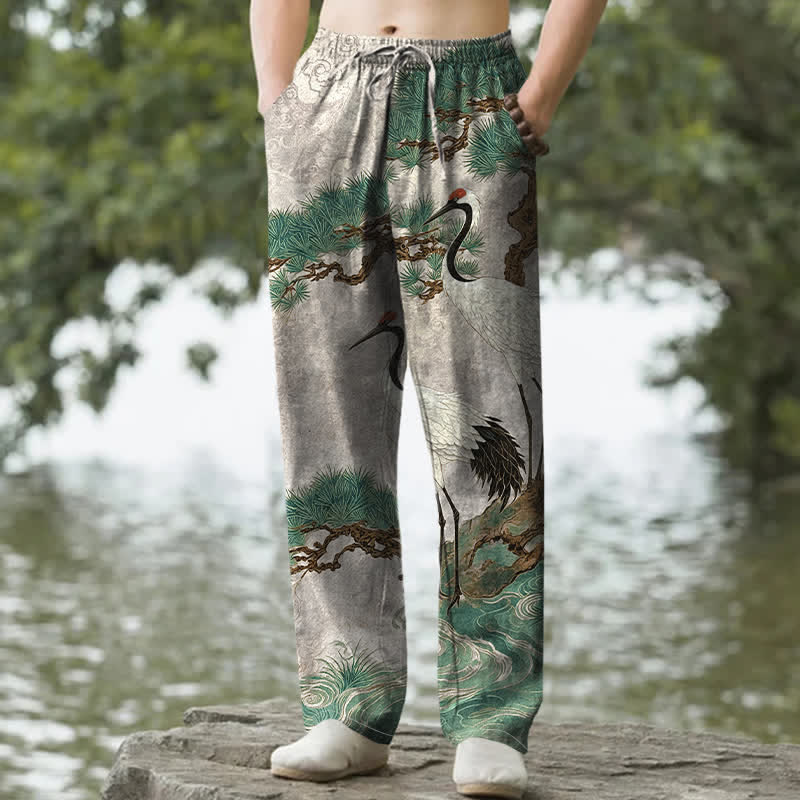 Buddha Stones Pantalones de hombre de algodón con estampado de grullas y pinos, corte cónico y bolsillos. - Gainsboro - US/UK/AU50, EU60 (5XL) - image 4