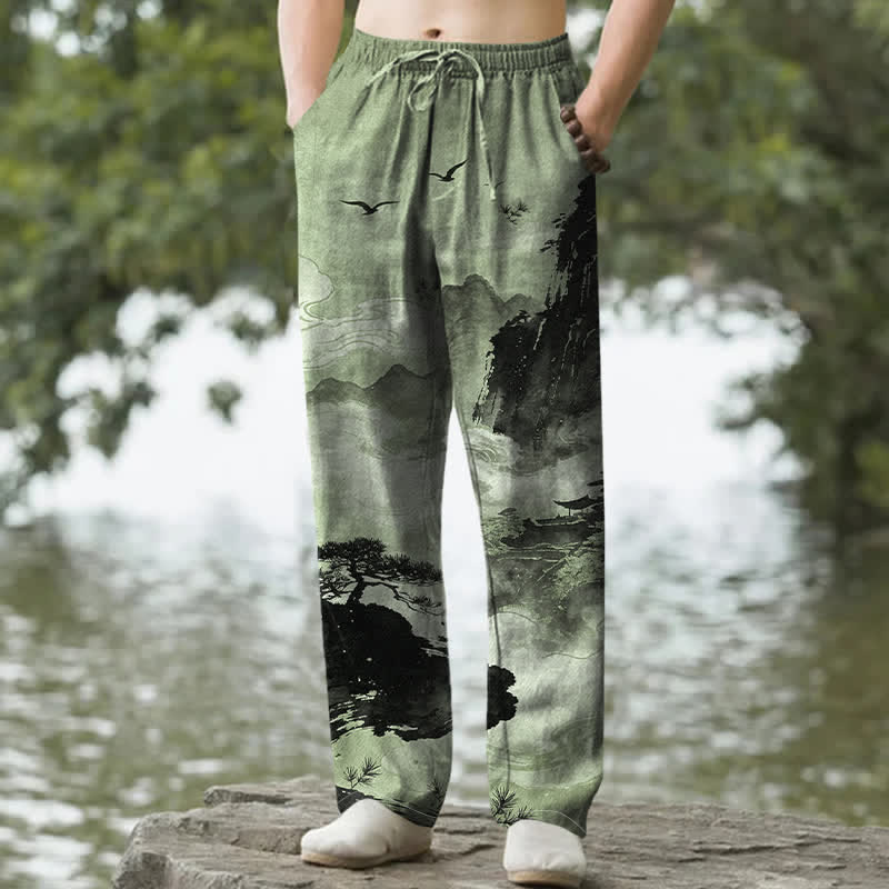 Buddha Stones Pantalones de hombre de algodón con estampado de paisaje y corte ajustado, con bolsillos. - Verde mar oscuro - US/UK/AU50, EU60 (5XL) - image 4