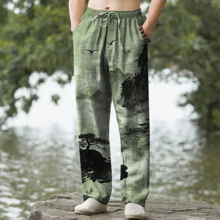 Buddha Stones Pantalones de hombre de algodón con estampado de paisaje y corte ajustado, con bolsillos. - Verde mar oscuro - US/UK/AU50, EU60 (5XL) - image 4