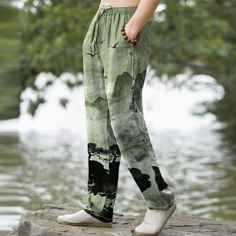 Buddha Stones Pantalones de hombre de algodón con estampado de paisaje y corte ajustado, con bolsillos. - image 5