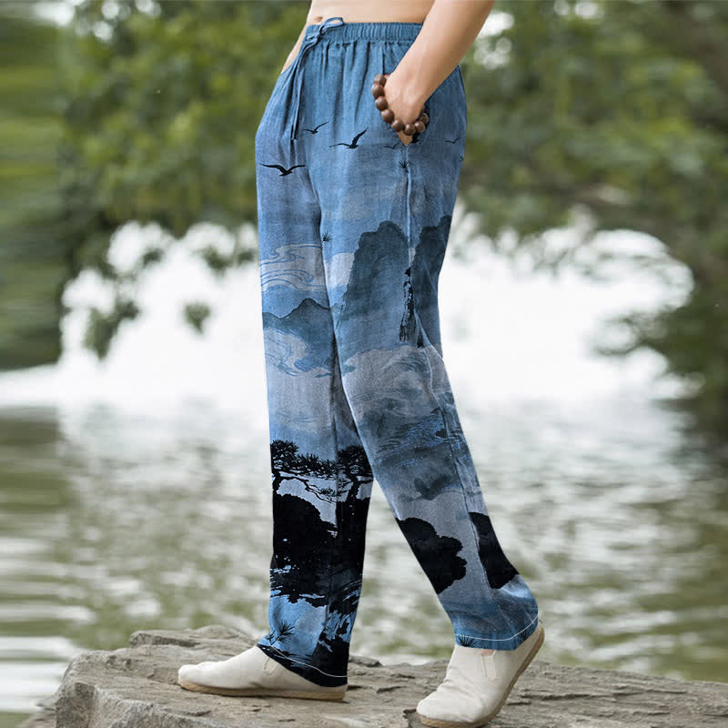 Buddha Stones Pantalones de hombre de algodón con estampado de paisaje y corte ajustado, con bolsillos. - image 9