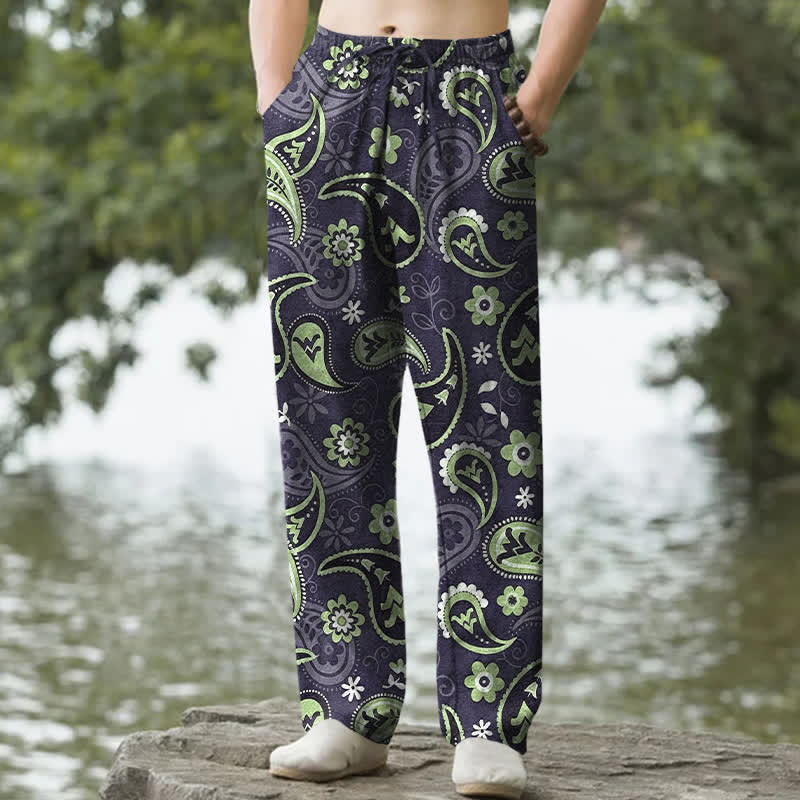Buddha Stones Pantalones de hombre de algodón con estampado floral de cachemir, corte ajustado y bolsillos. - Índigo - US/UK/AU50, EU60 (5XL) - image 8