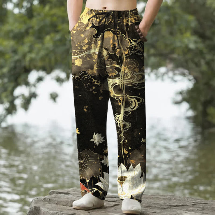 Buddha Stones Pantalones de hombre de algodón con estampado de nube de loto y corte ajustado, con bolsillos. - Negro - US/UK/AU50, EU60 (5XL) - image 0