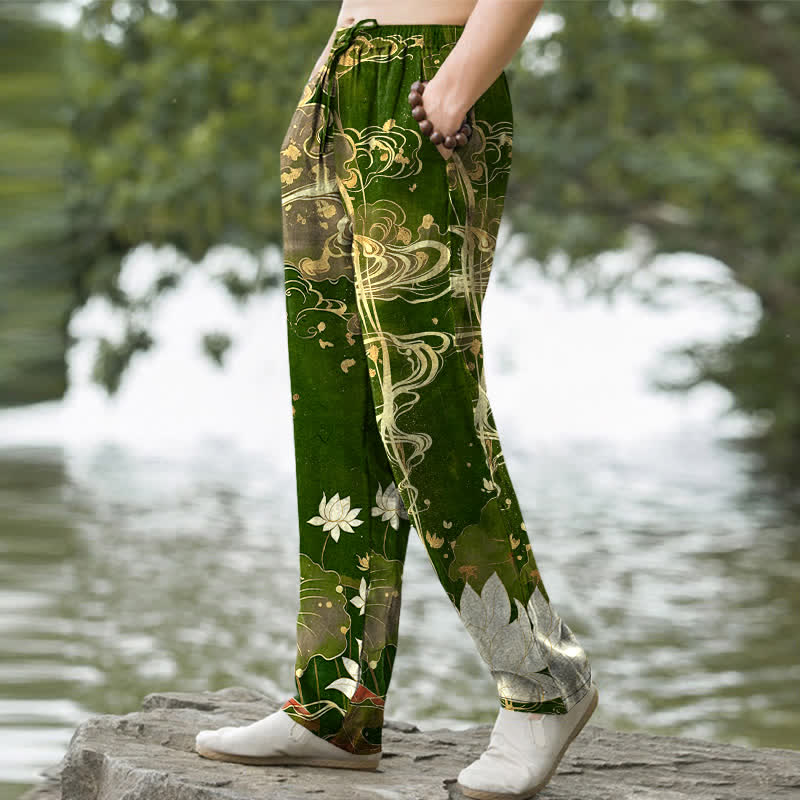 Buddha Stones Pantalones de hombre de algodón con estampado de nube de loto y corte ajustado, con bolsillos. - image 9