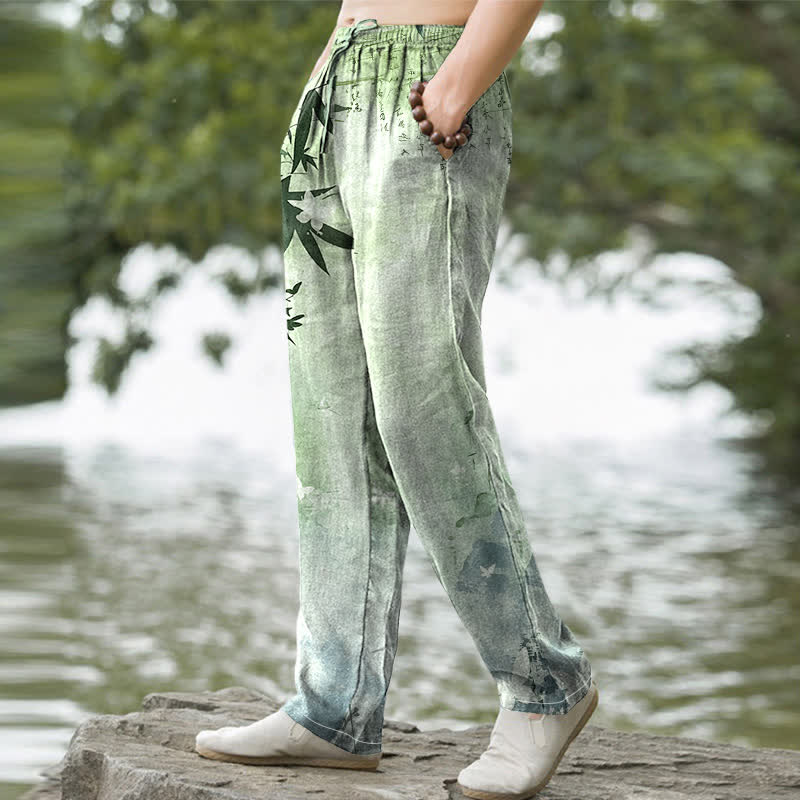 Buddha Stones Pantalones de hombre de algodón con estampado de bambú y corte ajustado, con bolsillos. - image 5