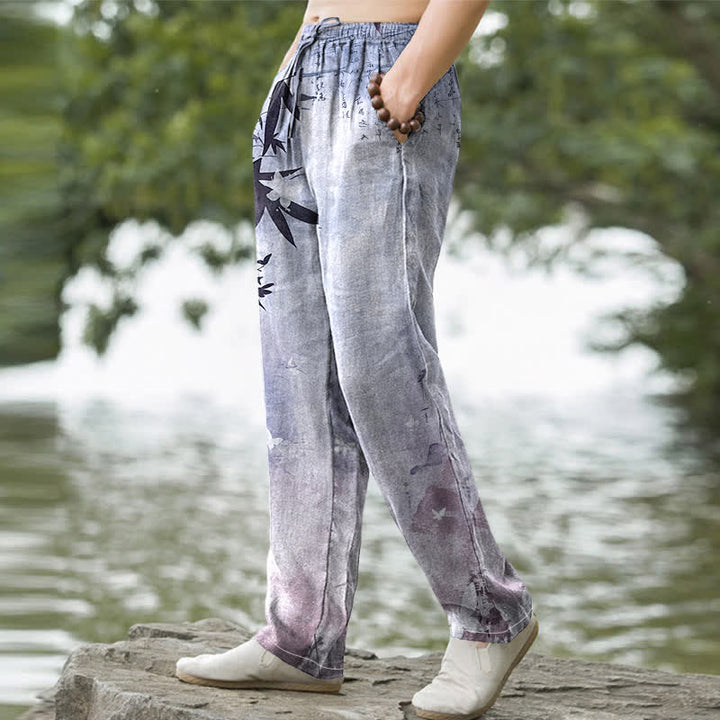 Buddha Stones Pantalones de hombre de algodón con estampado de bambú y corte ajustado, con bolsillos. - image 9