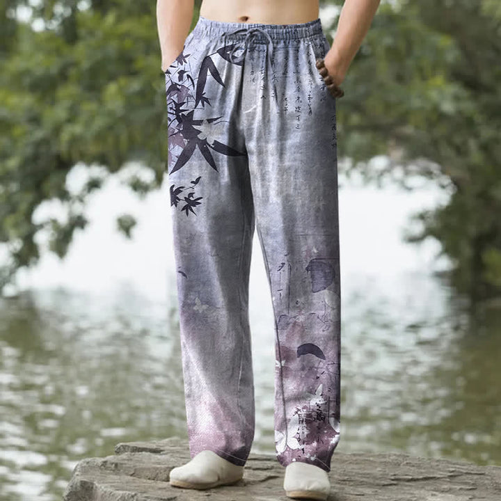 Buddha Stones Pantalones de hombre de algodón con estampado de bambú y corte ajustado, con bolsillos. - Lavanda - US/UK/AU50, EU60 (5XL) - image 8