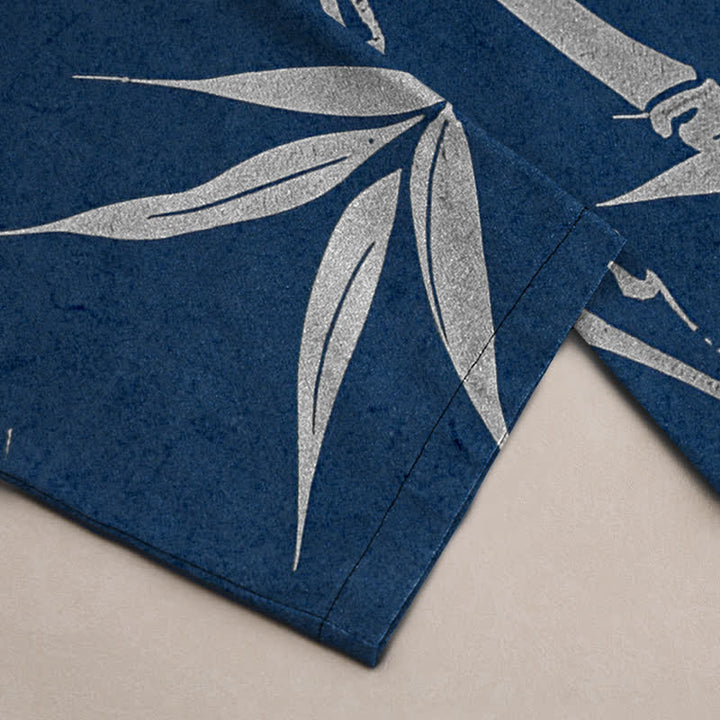 Buddha Stones Pantalones de hombre de algodón con estampado de hojas de bambú doradas, corte ajustado y bolsillos. - image 10
