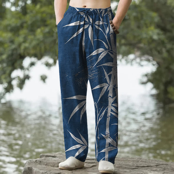 Buddha Stones Pantalones de hombre de algodón con estampado de hojas de bambú doradas, corte ajustado y bolsillos. - Marina de guerra - US/UK/AU50, EU60 (5XL) - image 8