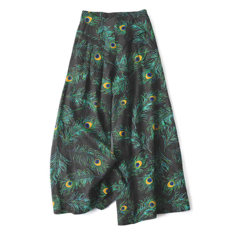 Buddha Stones Pantalones de mujer de algodón y lino con estampado de plumas de pavo real, cintura elástica y pernera ancha con bolsillos. - Negro - US16，UK/AU20，EU48 (3XL) - image 0