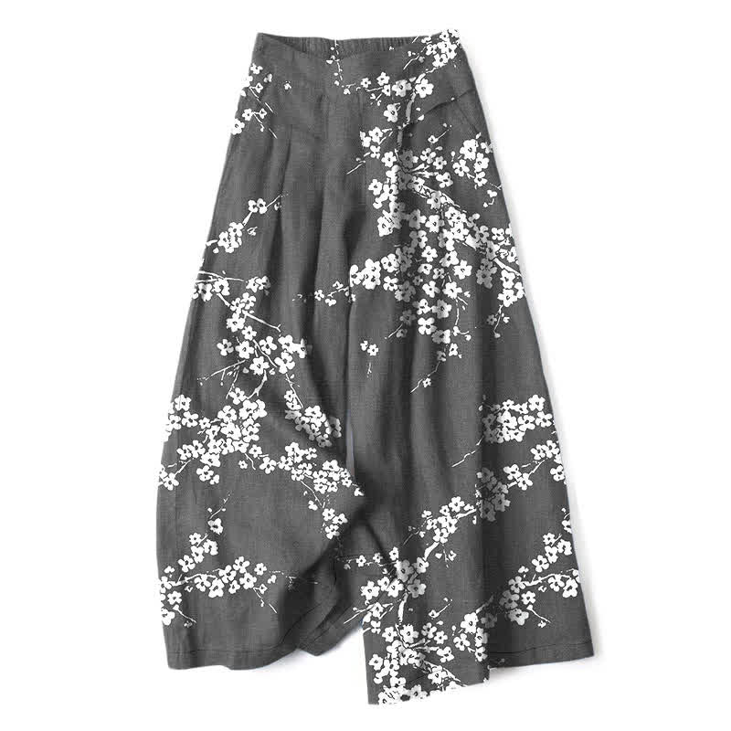 Buddha Stones Pantalones de mujer de lino y algodón con estampado de ramas de cerezo en flor, cintura elástica, pernera ancha y bolsillos. - Gris oscuro - US16，UK/AU20，EU48 (3XL) - image 6