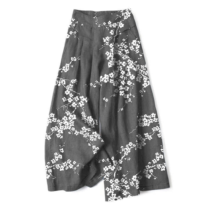 Buddha Stones Pantalones de mujer de lino y algodón con estampado de ramas de cerezo en flor, cintura elástica, pernera ancha y bolsillos. - Gris oscuro - US16，UK/AU20，EU48 (3XL) - image 6