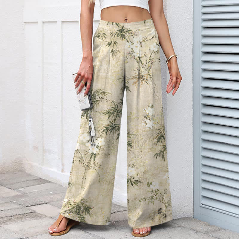 Buddha Stones Pantalones de mujer de algodón y lino con estampado de hojas de bambú, cintura elástica y pernera ancha con bolsillos. - image 1